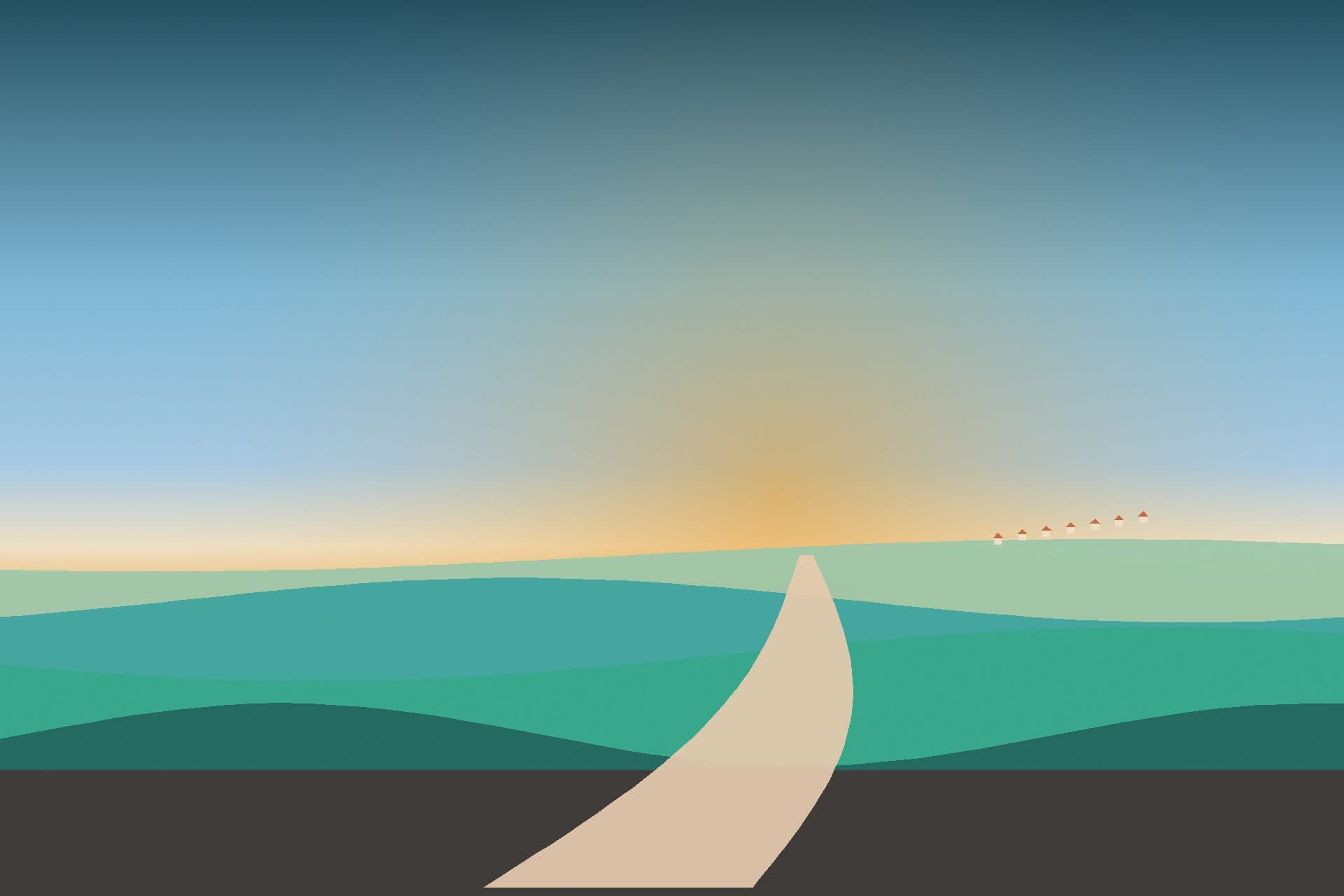 A winding path leading toward distant hills at golden hour — somewhere worth exploring.